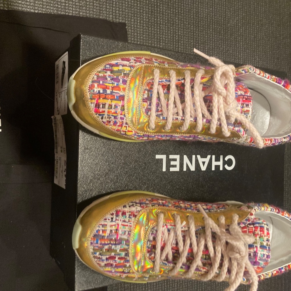 CHANEL Multicolor Tweed Trims Gold Authentic Runway Lace up Sneakers Size 36 - Picture 3 of 8